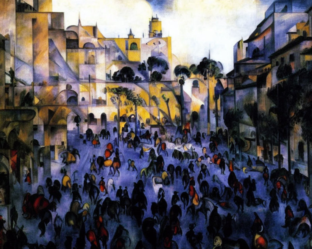 Vibrant painting of town square with people and buildings in yellow and blue hues