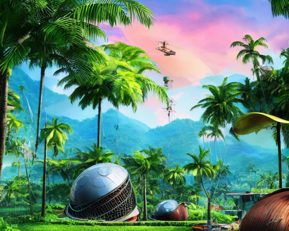 Futuristic landscape with dome-shaped buildings and flying vehicles in vibrant colors