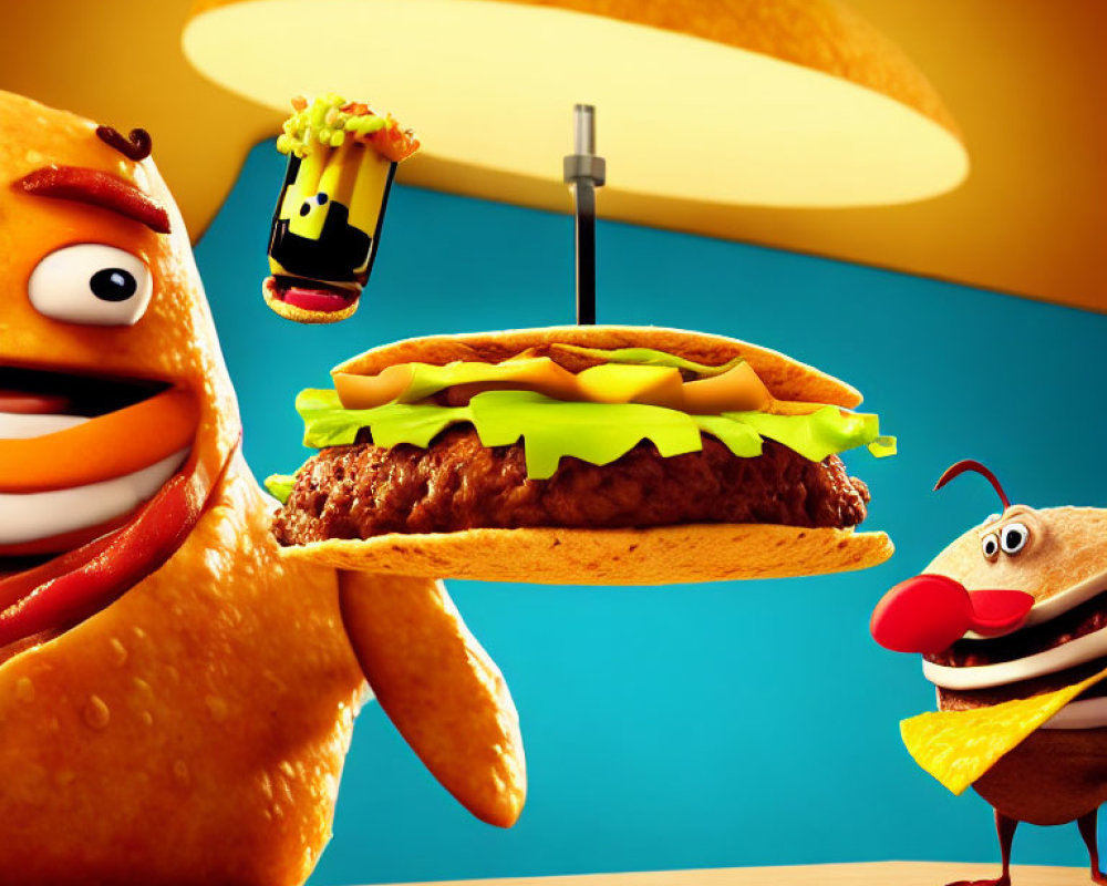 Cartoonish hot dog, taco, and sandwich characters in playful scene