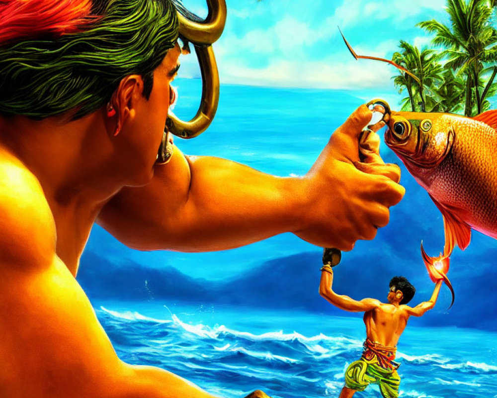 Muscular man with green headband holding fish next to boy on tropical beach