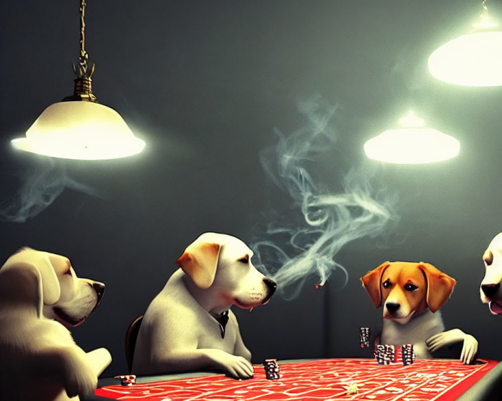 Four Dogs Playing Poker at Table with Chips in Dimly Lit Room