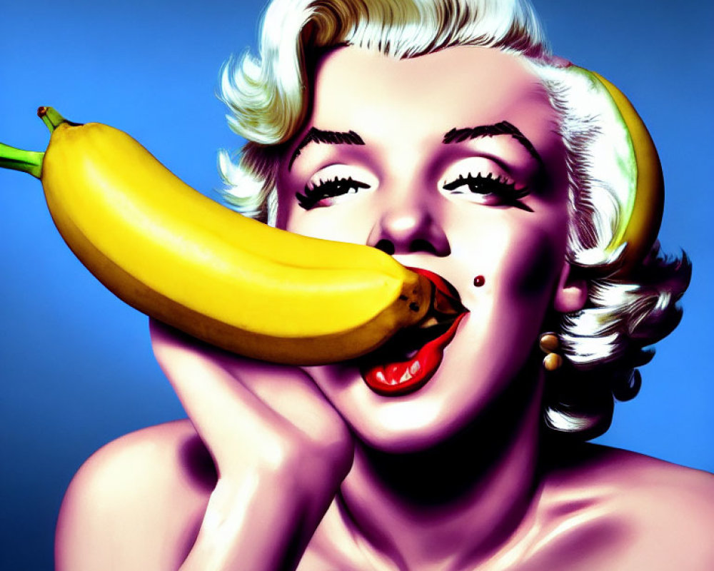 Blonde woman with banana in stylized portrait on blue background