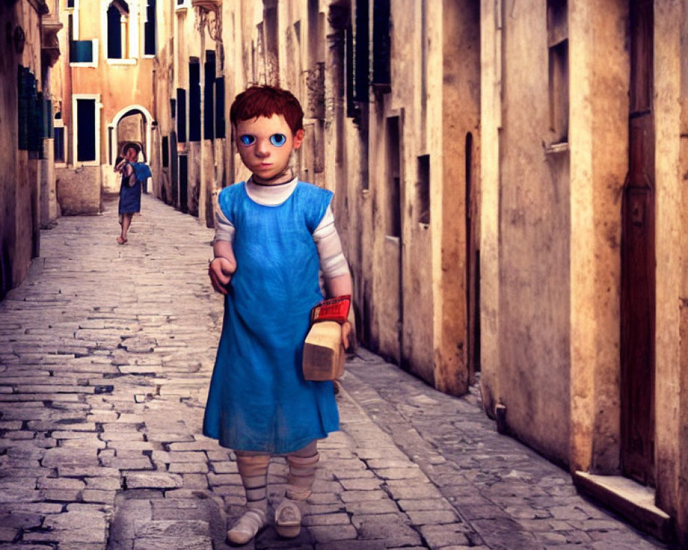 Stylized image of young child in alley with oversized eyes and bread