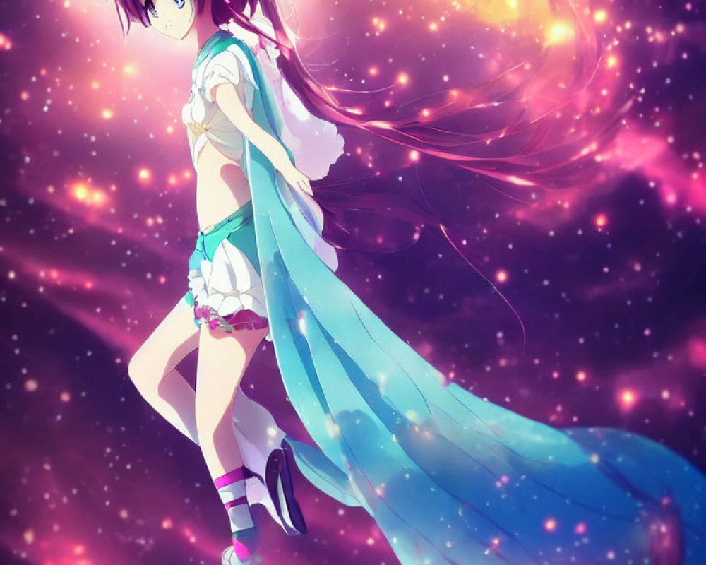 Long-haired anime girl in cosmic setting with stars and galaxy, wearing skirt and ribbon.