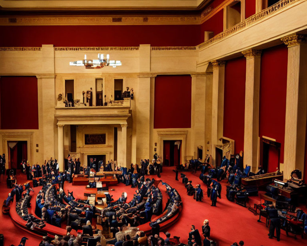 Legislative chamber with lawmakers in semicircular arrangement under warm red and gold decor