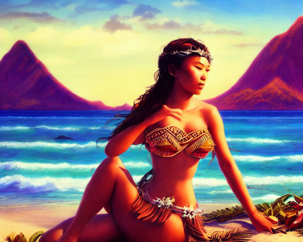 Digital artwork: Woman in islander attire on beach with blue waters & mountains.