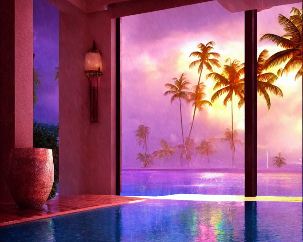 Luxurious poolside view of purple sunset over tropical ocean