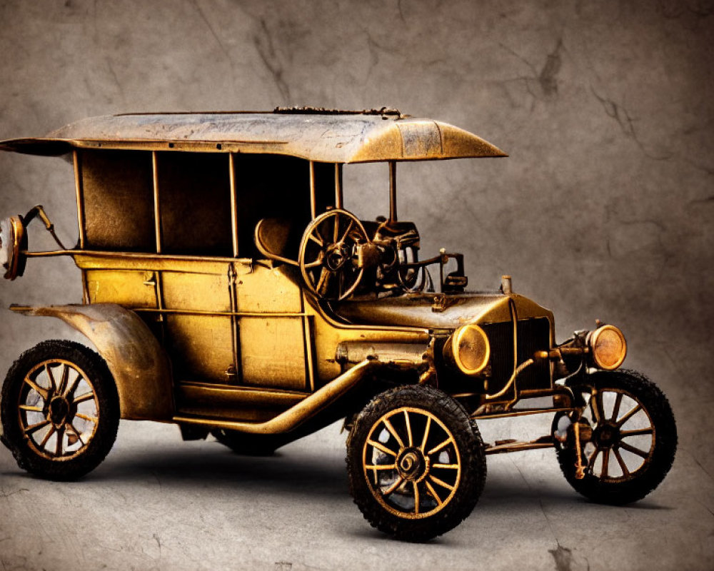 Intricate Vintage Brass Model Car on Textured Gray Background