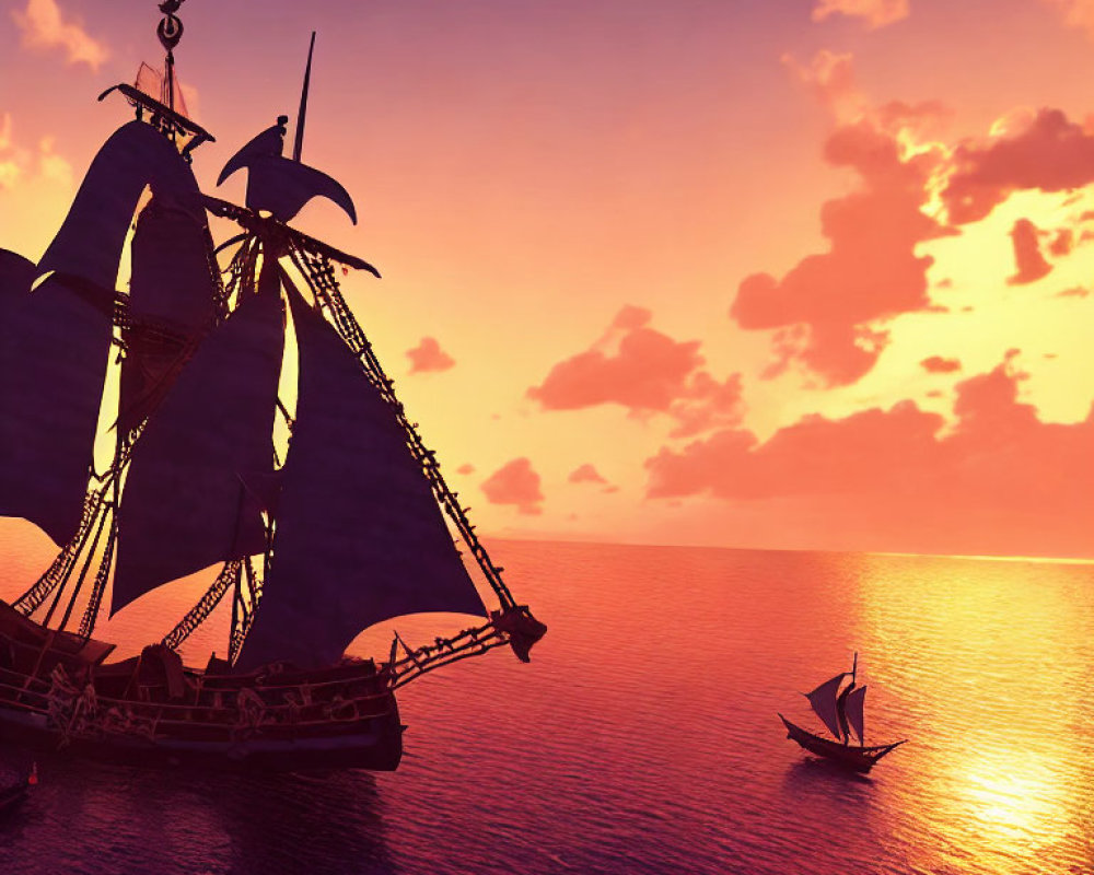 Tranquil sunset at sea with silhouetted sailing ships