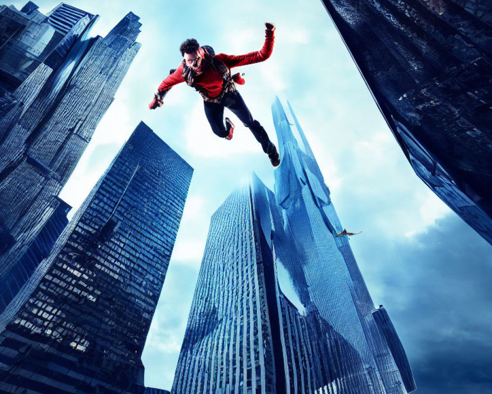 Person in Red Jacket Free Falling Amid Skyscrapers and Clouds