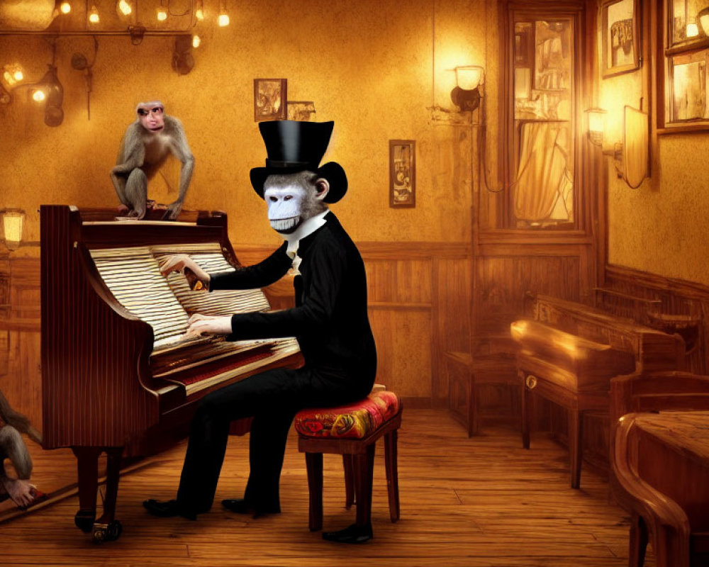 Vintage room with monkeys playing piano and observing in top hat