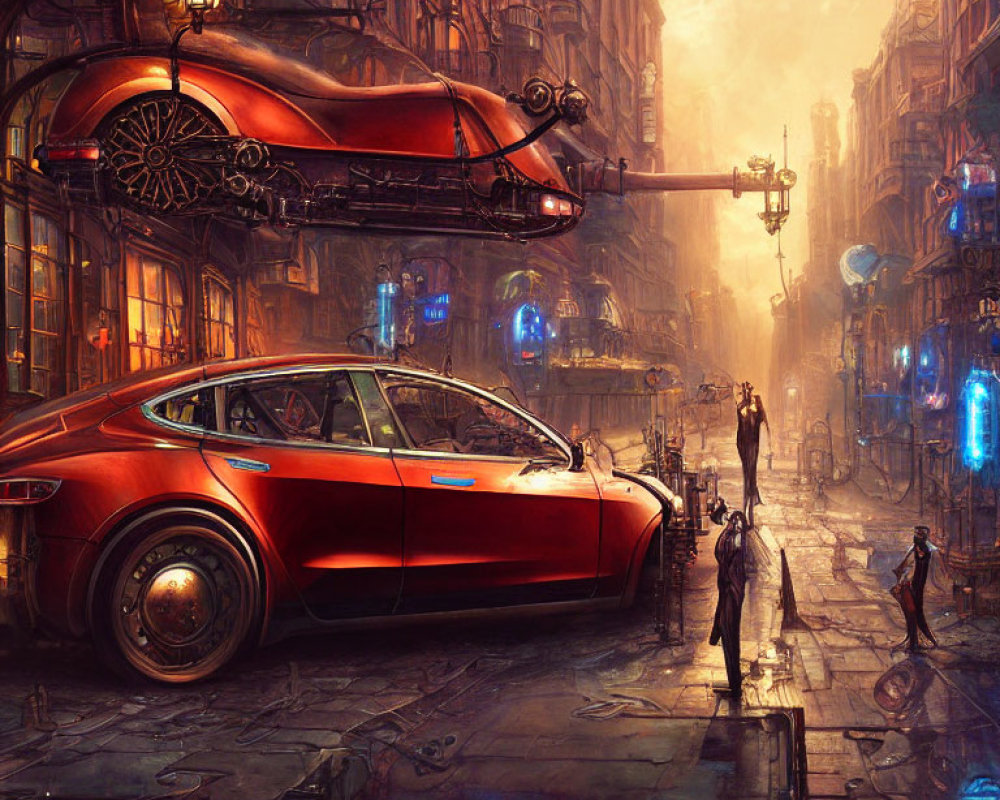 Futuristic red electric car in steampunk city with flying ship, pedestrians, and blue lantern