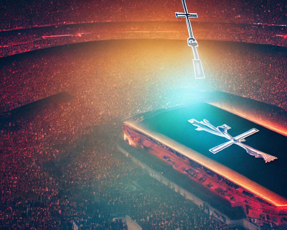 Crowded stadium with glowing crosses, creating a spiritual ambiance.