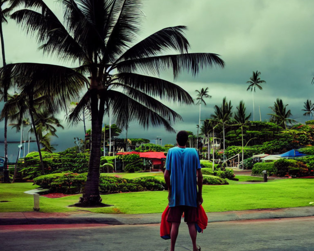 Person on Beach Path Holding Red Footwear Under Gloomy Sky