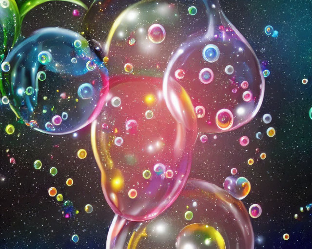 Colorful soap bubbles and bright particles on a dark, starry background