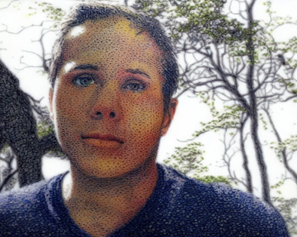 Young person portrait with bright eyes against tree background and painterly texture.