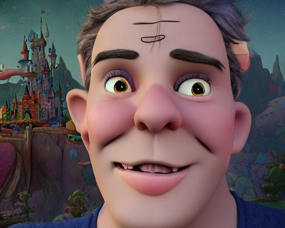 Gray-Haired 3D Animated Character Smiling by Fantasy Castle at Twilight