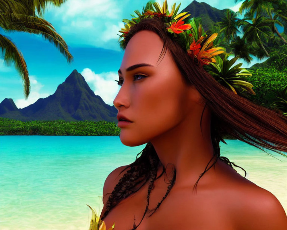 Digital artwork featuring woman with floral headpiece against tropical backdrop