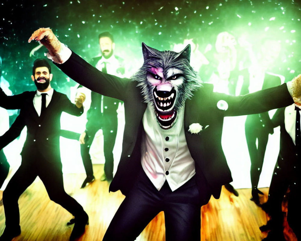 Festive party scene with person in werewolf costume dancing
