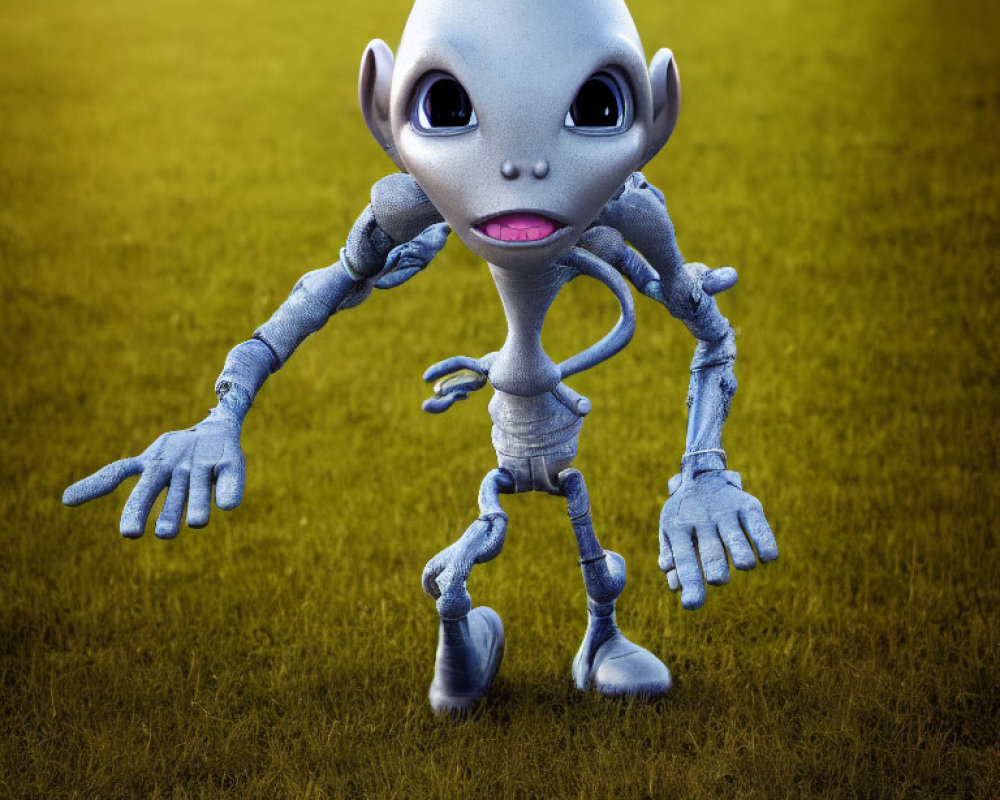 Cartoonish alien with large head and big eyes on grassy surface