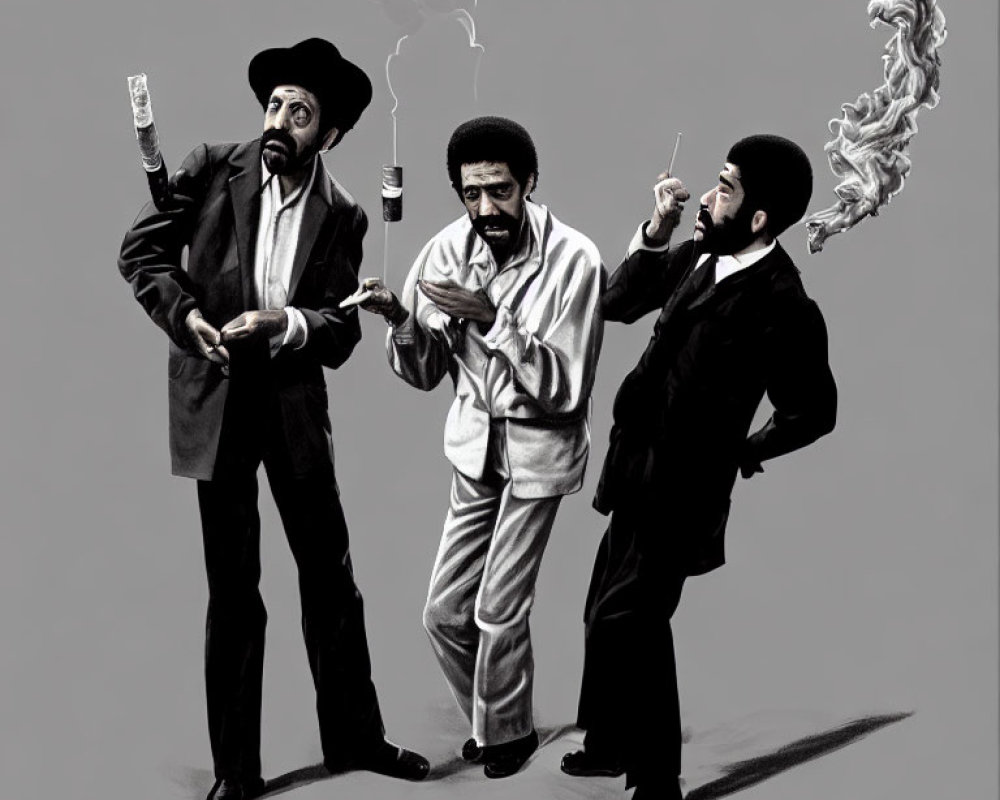 Three men in retro attire with cigars, one checking watch, one blowing smoke rings on grey backdrop.