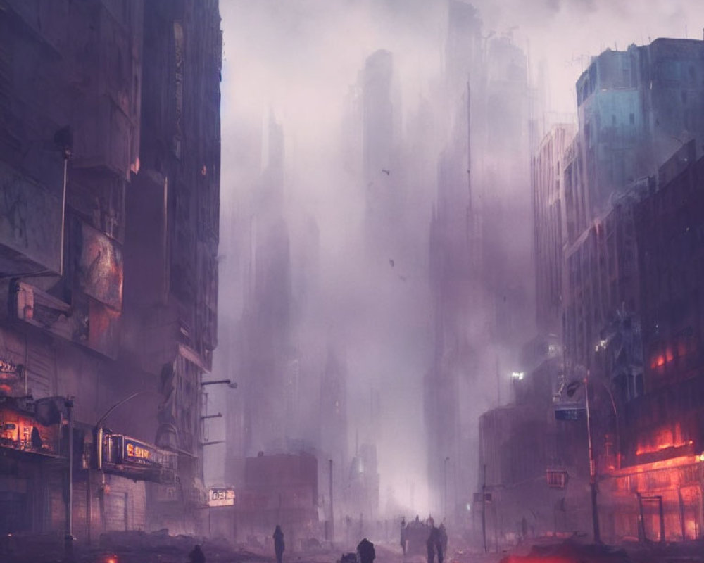 Dystopian cityscape with mist, silhouettes, and gloomy purple sky