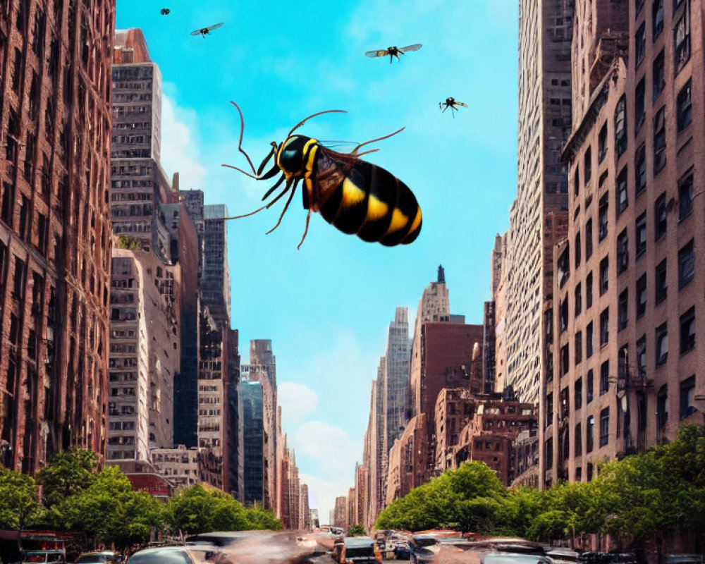 Giant bee hovers over busy city street with cars and buildings