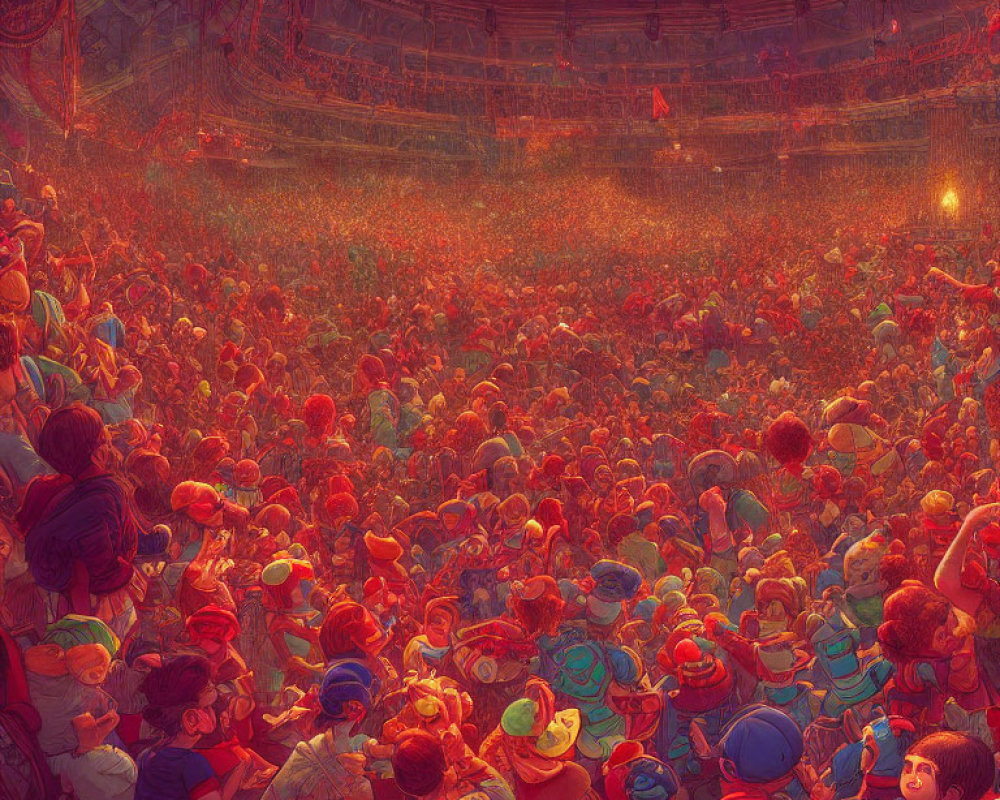 Vibrant crowd in warm-lit circular arena with colorful clothing and hats