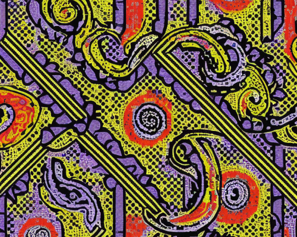 Colorful Abstract Pattern with Swirls and Dots in Yellow, Red, Purple, and Black