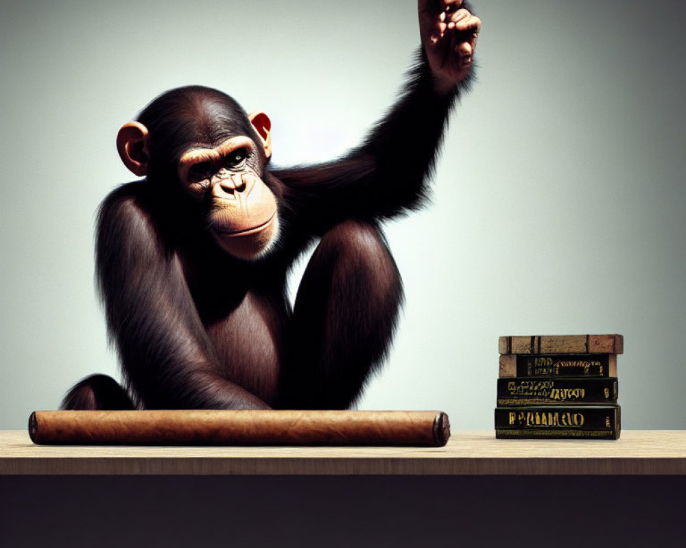 Contemplative chimpanzee at desk with cigar and books