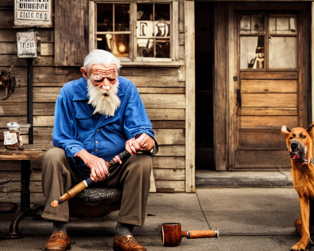 Elderly man with white beard sitting outside rustic wooden building with pipe and barking dog