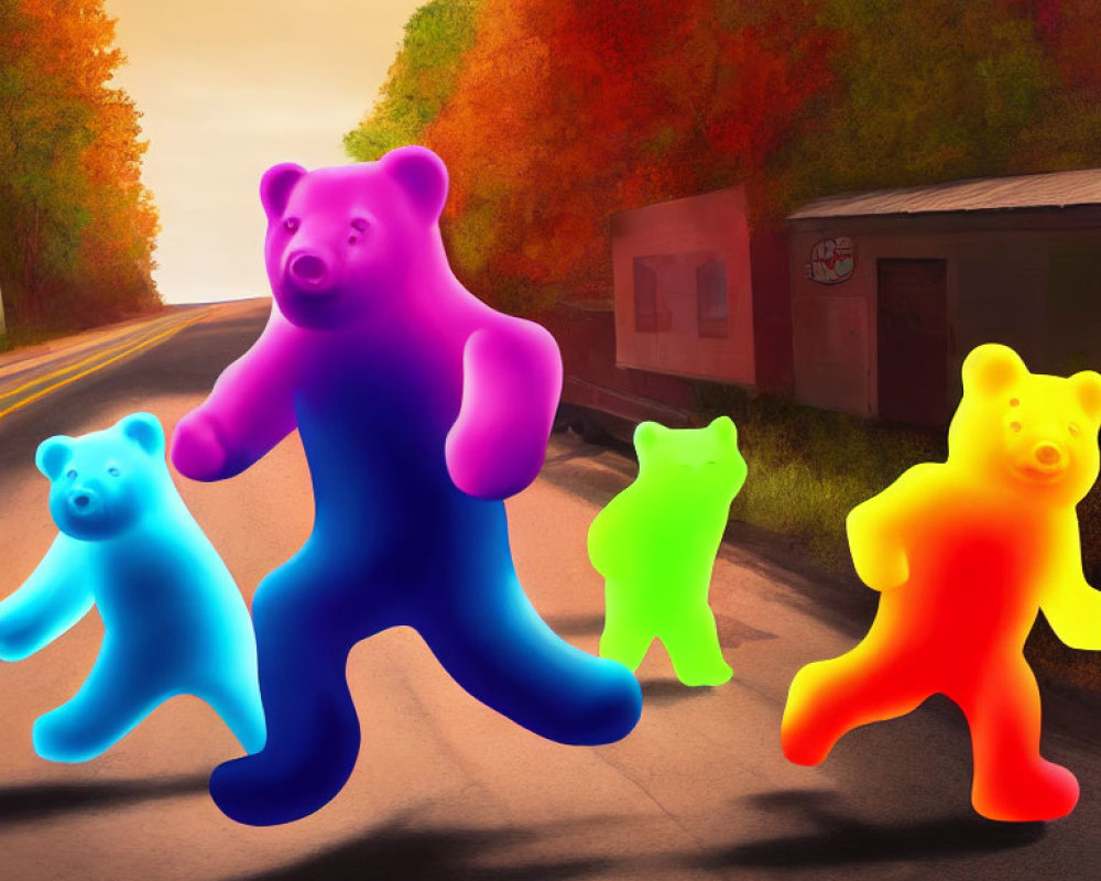 Colorful gummy bears stroll on roadside amid fall foliage