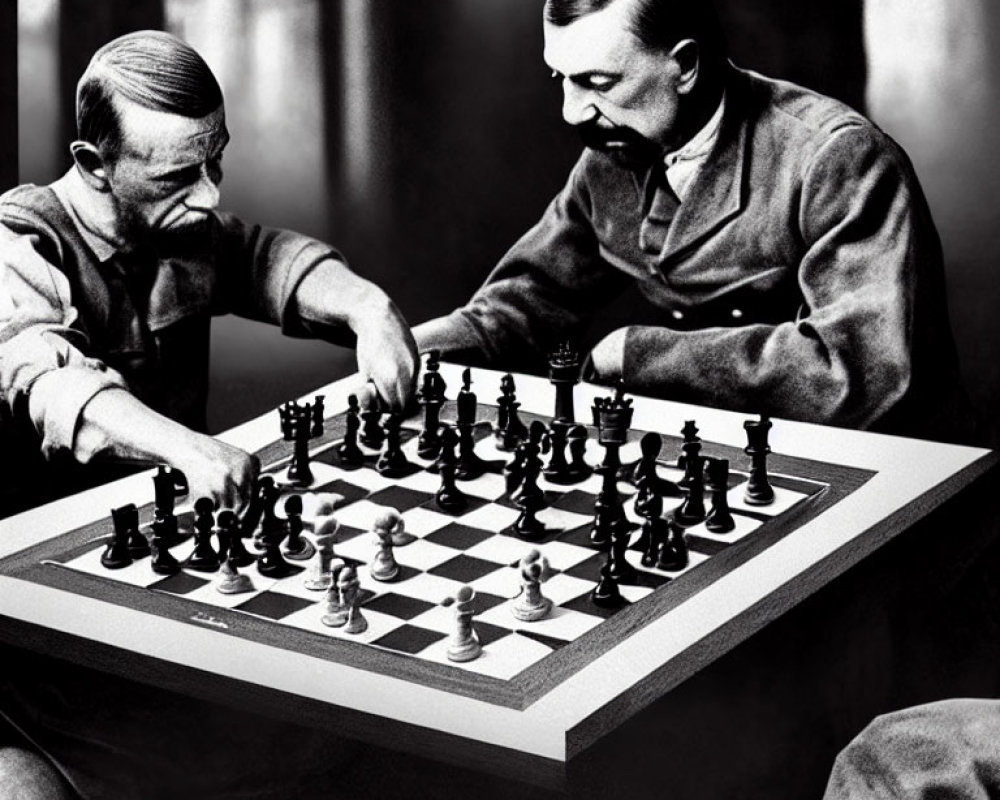 Intense chess game captured in black and white photograph