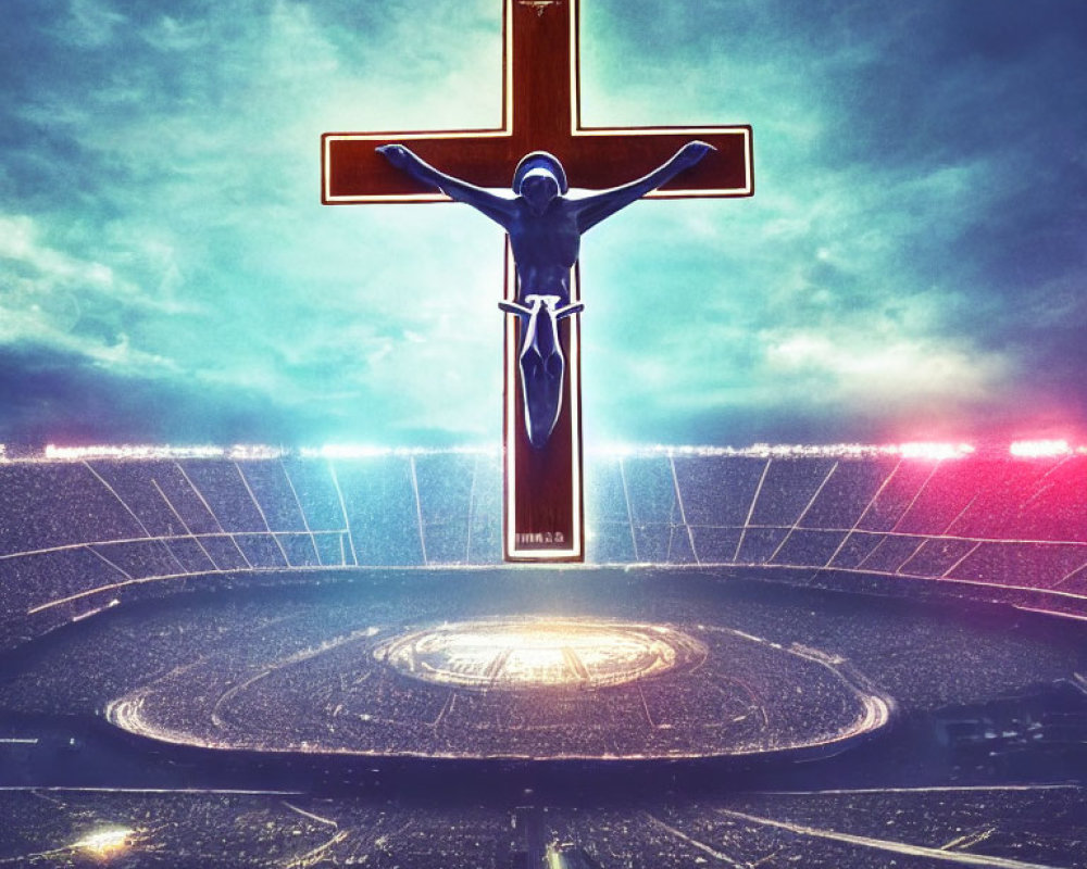 Illuminated cross with figure above packed stadium at dusk