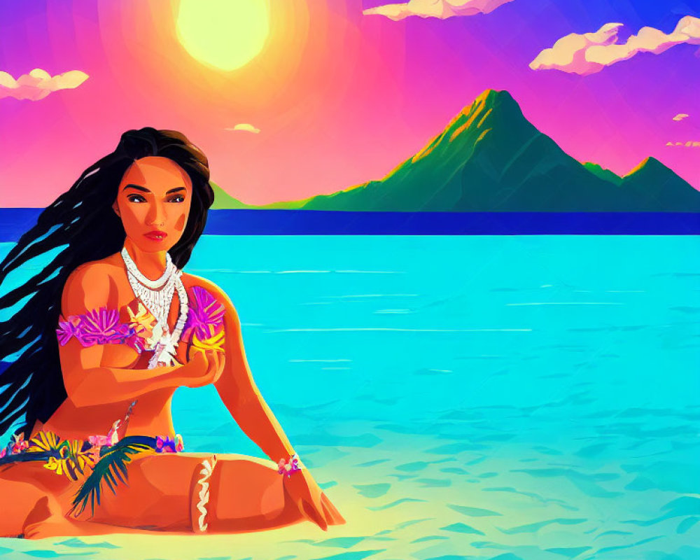 Vibrant animated island woman on beach with ocean backdrop