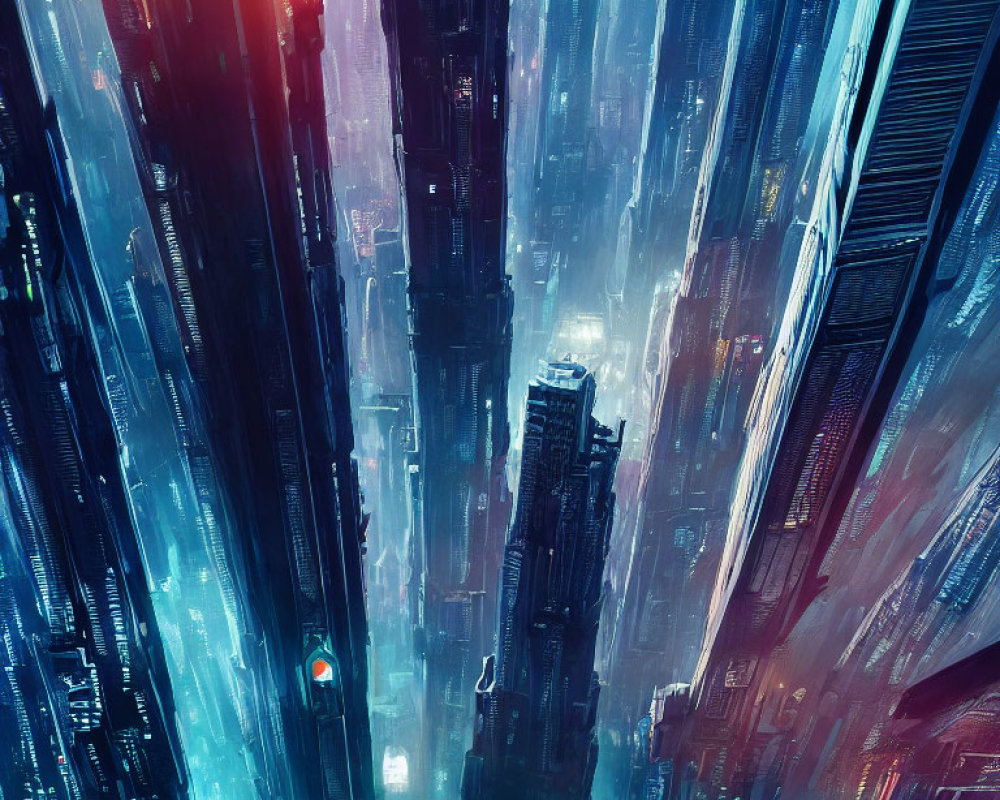 Neon-lit futuristic cityscape with skyscrapers