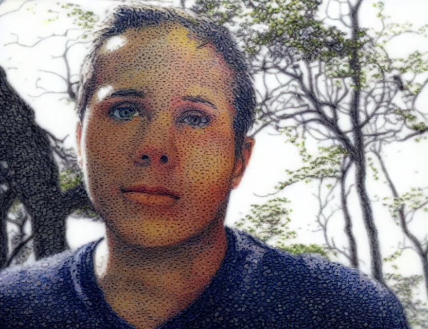 Young person portrait with bright eyes against tree background and painterly texture.