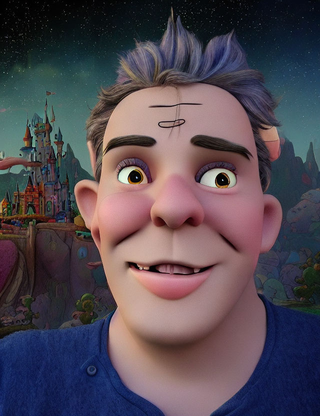 Gray-Haired 3D Animated Character Smiling by Fantasy Castle at Twilight