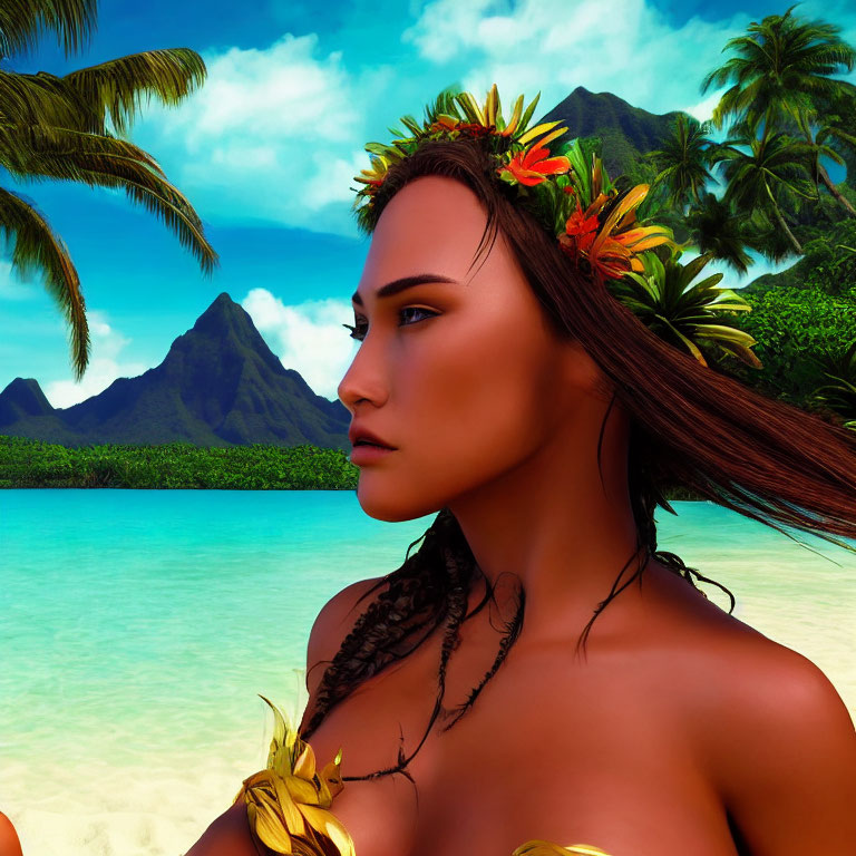 Digital artwork featuring woman with floral headpiece against tropical backdrop