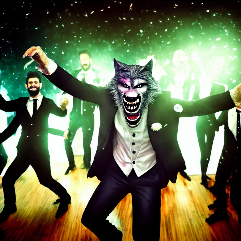 Festive party scene with person in werewolf costume dancing