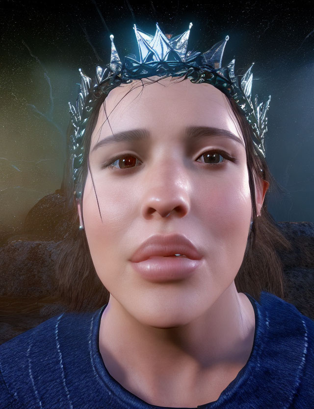 Detailed 3D-rendered female figure with silver crown against starry night sky