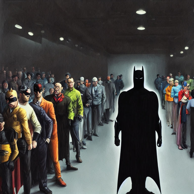 Person in Batman costume faces crowd of characters in dimly lit room