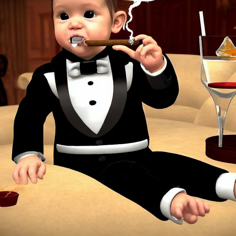 3D-rendered baby in tuxedo with cigar and drink in background