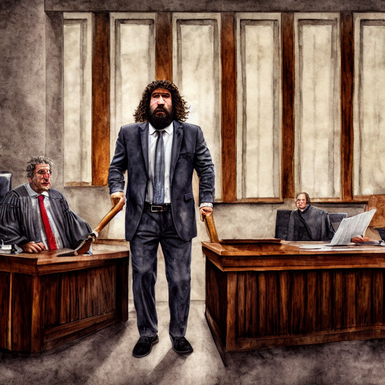 Courtroom Scene: Judge, Lawyer, & Muscular Defendant