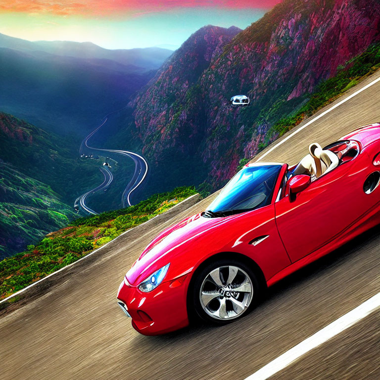 Red convertible sports car on winding mountain road with lush greenery and dramatic sunset