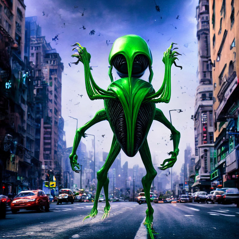 Green exoskeleton alien in deserted urban street with abandoned cars