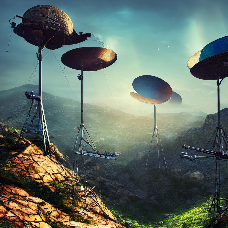 Futuristic antennas on mountain landscape with clear sky