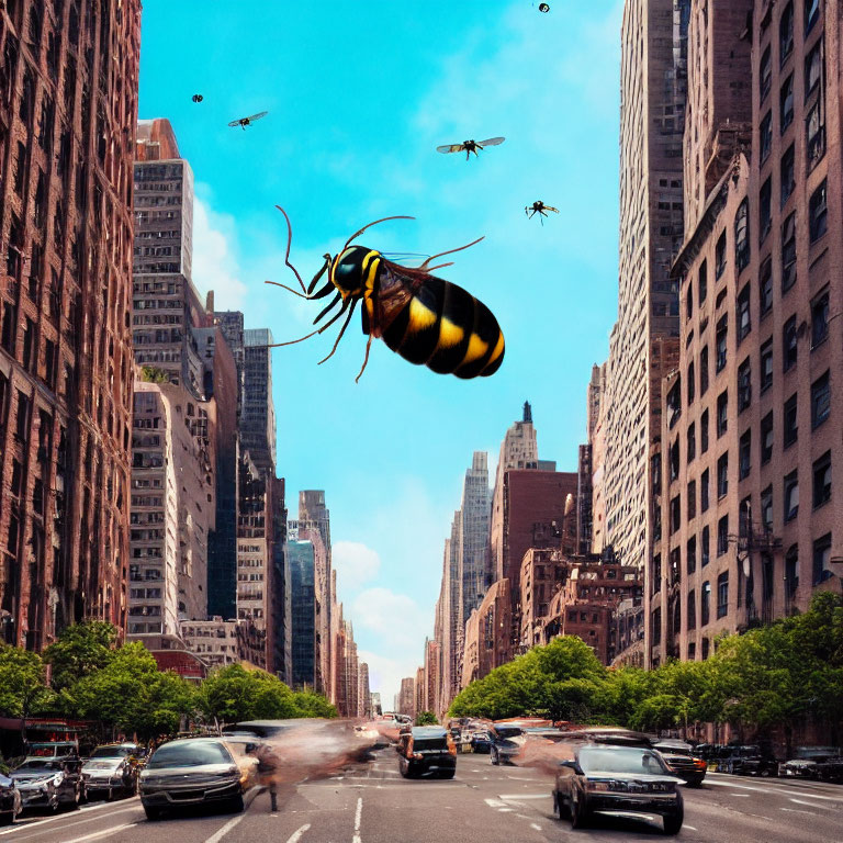 Giant bee hovers over busy city street with cars and buildings