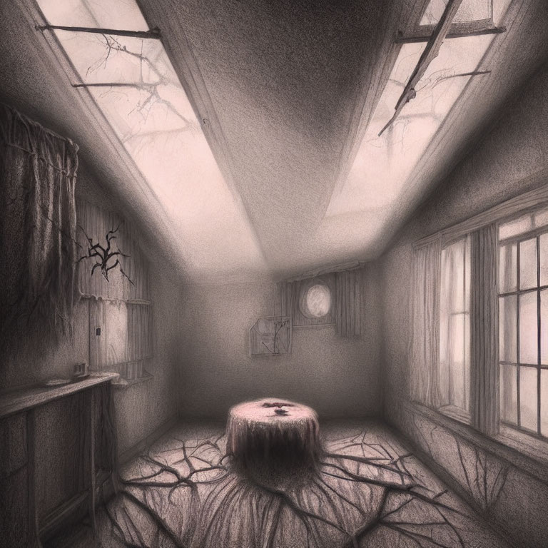 Eerie room with tree branch shadows, round table, and skylight light.