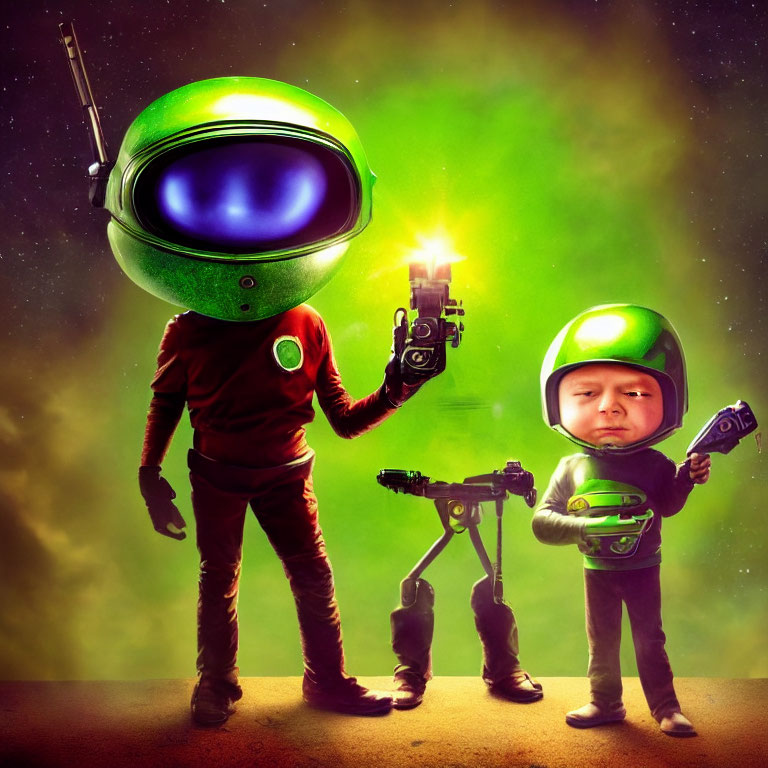 Cartoonish astronauts with oversized helmets and robotic pet under starry sky holding futuristic guns